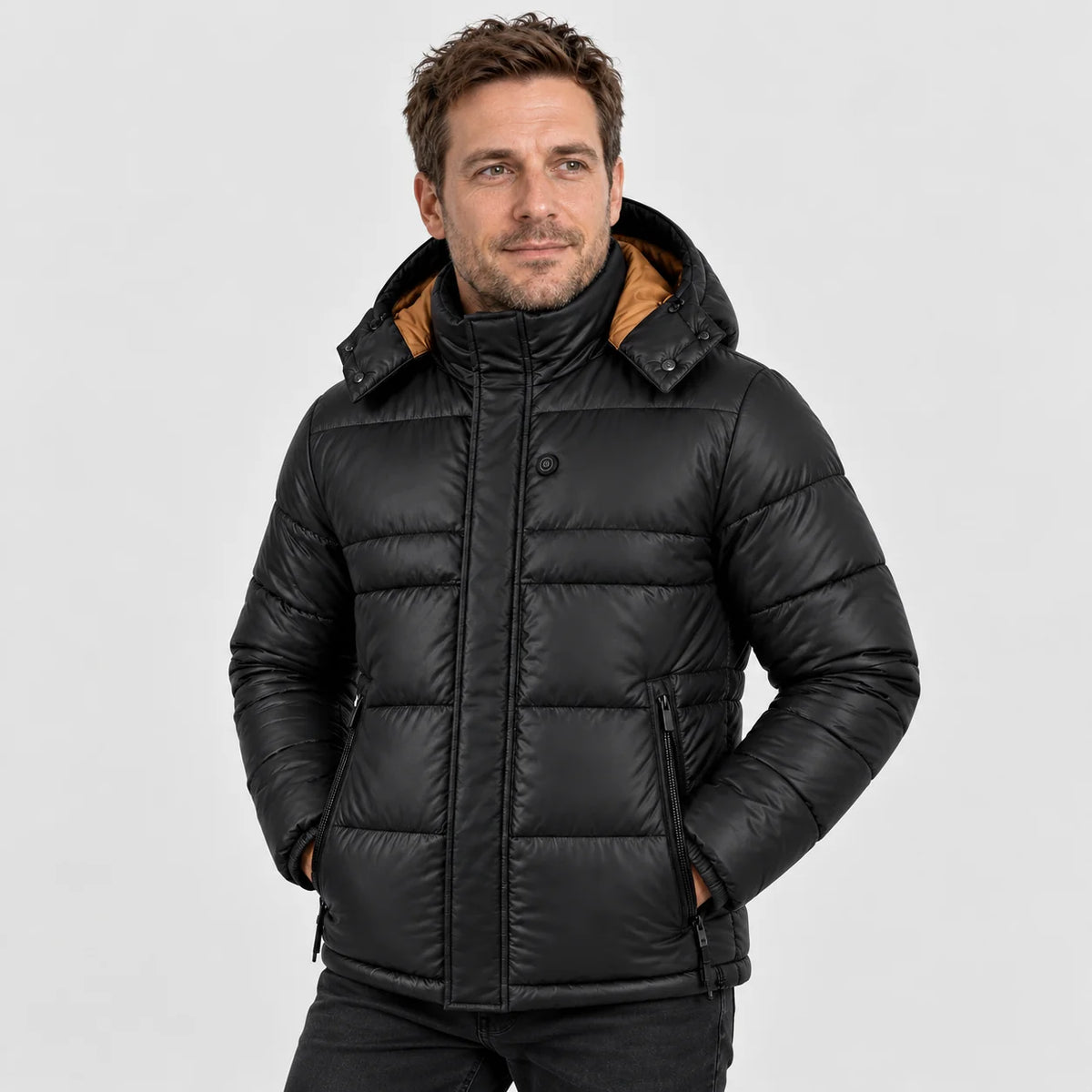 Quiltad värmejacka herr PyreFit Norvia, på modell, framifrån