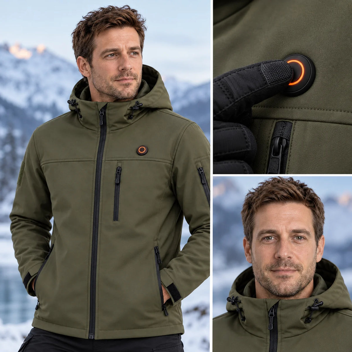 Värmejacka i softshell PyreFit Novera, kontrollknappen i närbild