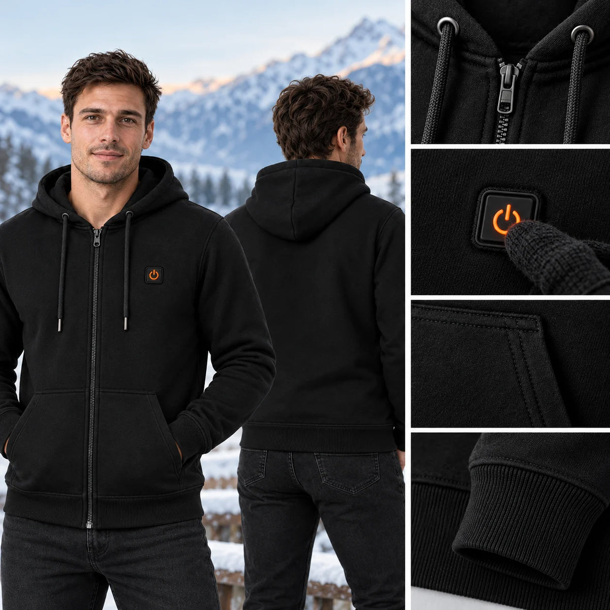 Uppvärmd hoodie unisex med dragkedja PyreFit Olivora, kontrollknappen i närbild