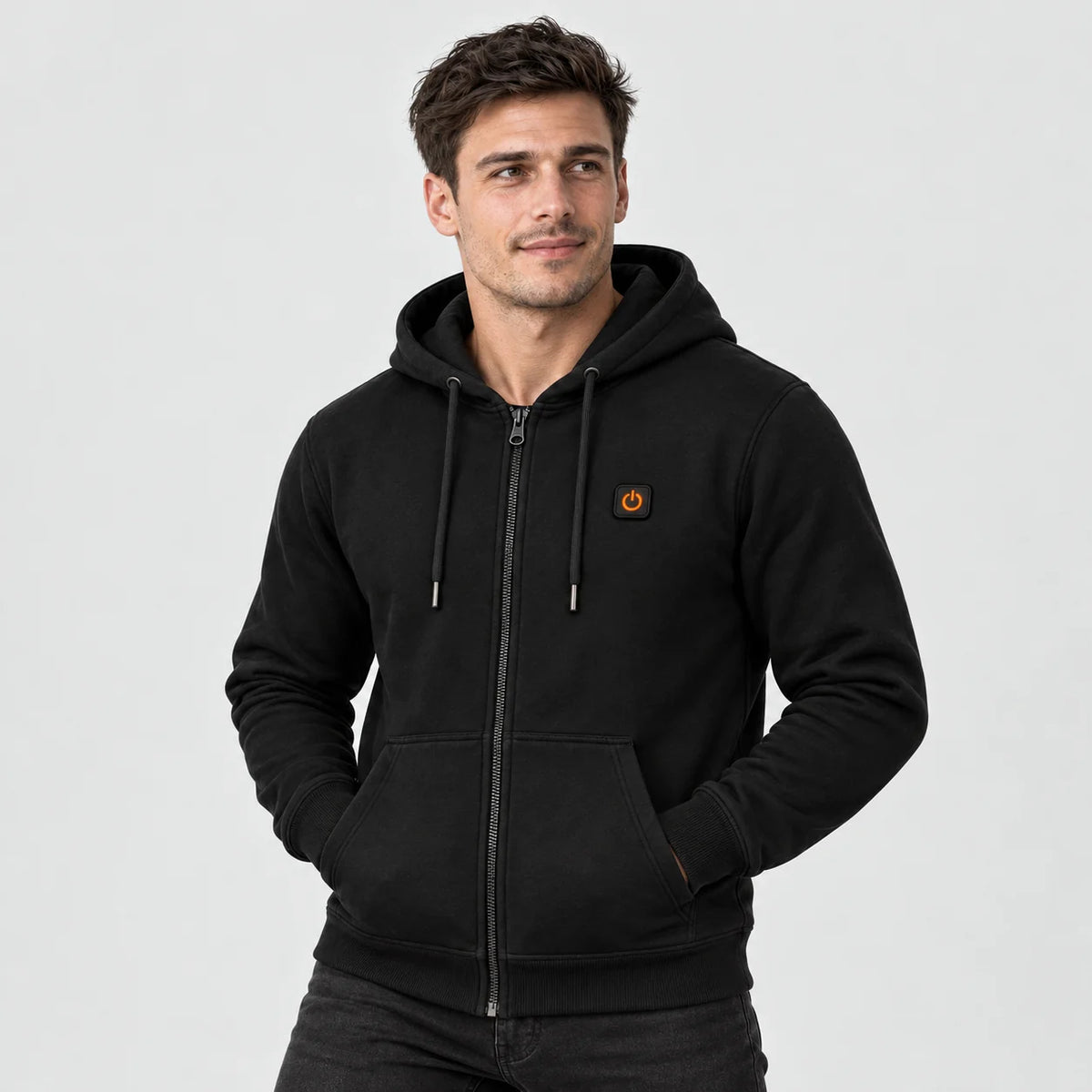 Uppvärmd hoodie unisex med dragkedja PyreFit Olivora, på modell, framifrån