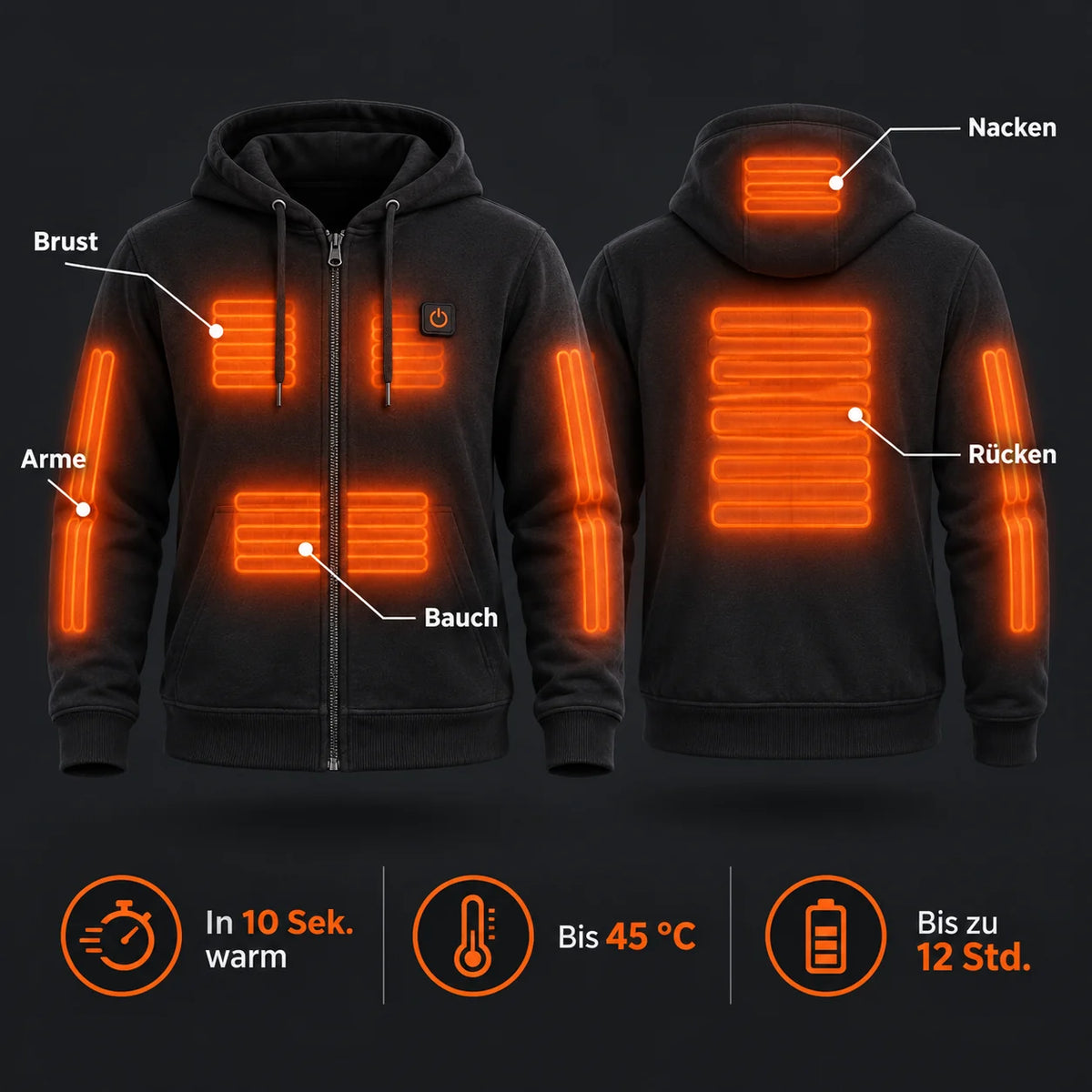 Uppvärmd hoodie unisex med dragkedja PyreFit Olivora: värmezoner på nacke, bröst, mage, armar och rygg