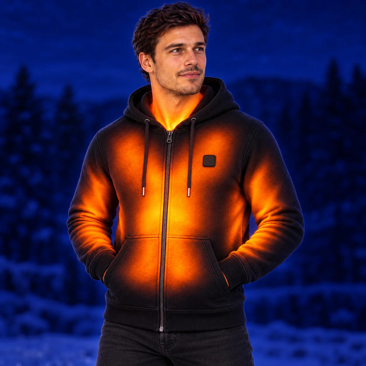 Uppvärmd hoodie unisex med dragkedja PyreFit Olivora – värme på nacke, bröst, mage, armar och rygg