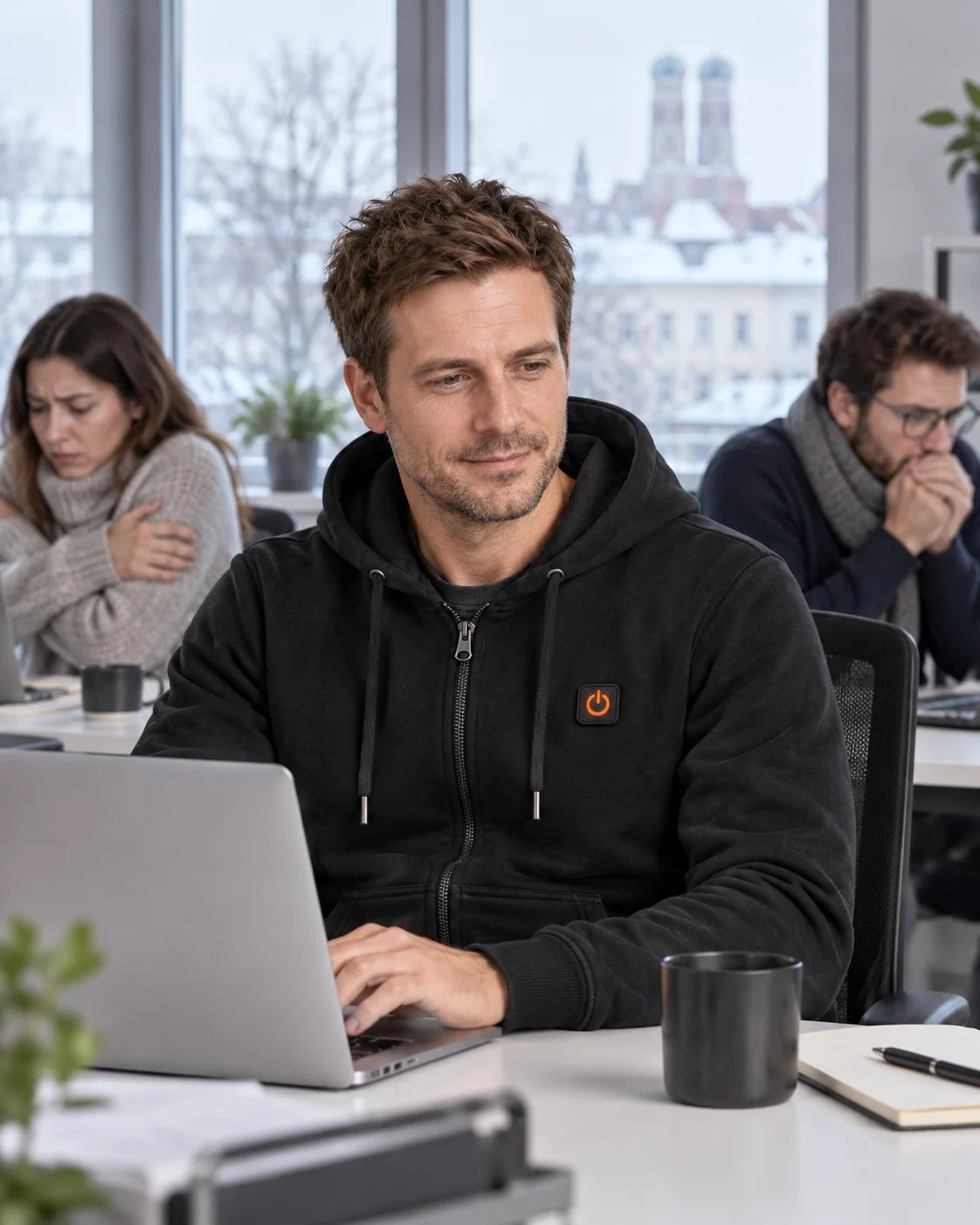 Uppvärmd hoodie unisex med dragkedja PyreFit Olivora en vinterdag: på kontoret