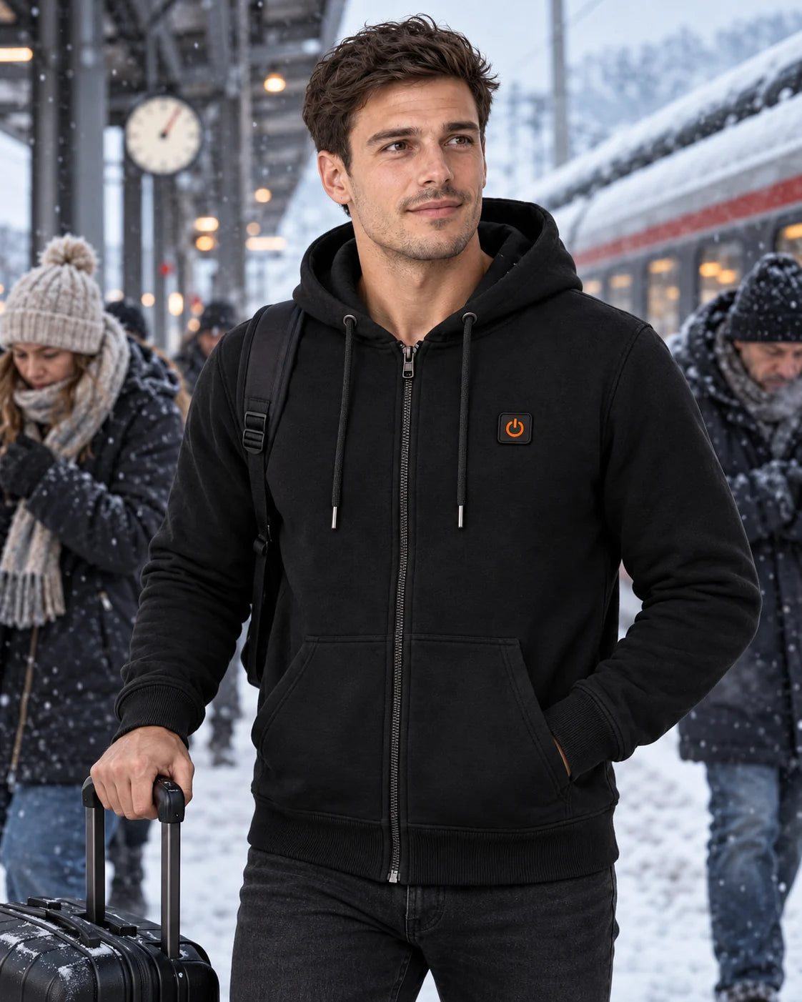 Uppvärmd hoodie unisex med dragkedja PyreFit Olivora en vinterdag: på resa