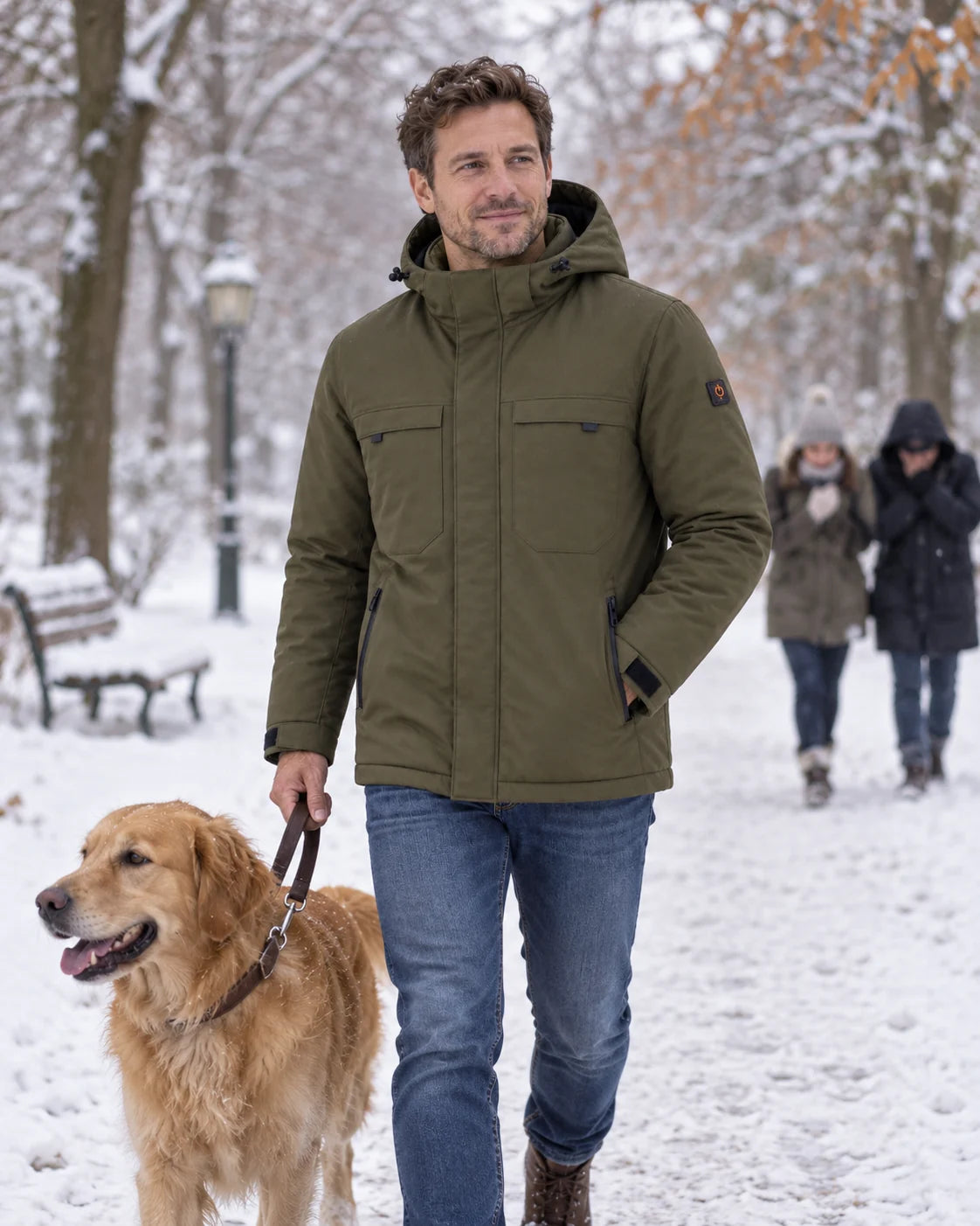 Uppvärmd parkas herr PyreFit Regaro en vinterdag: med hunden