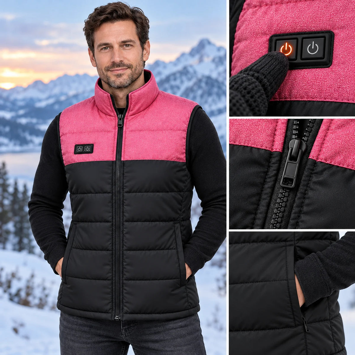 Quiltad värmeväst unisex PyreFit Rundor, kontrollknappen i närbild