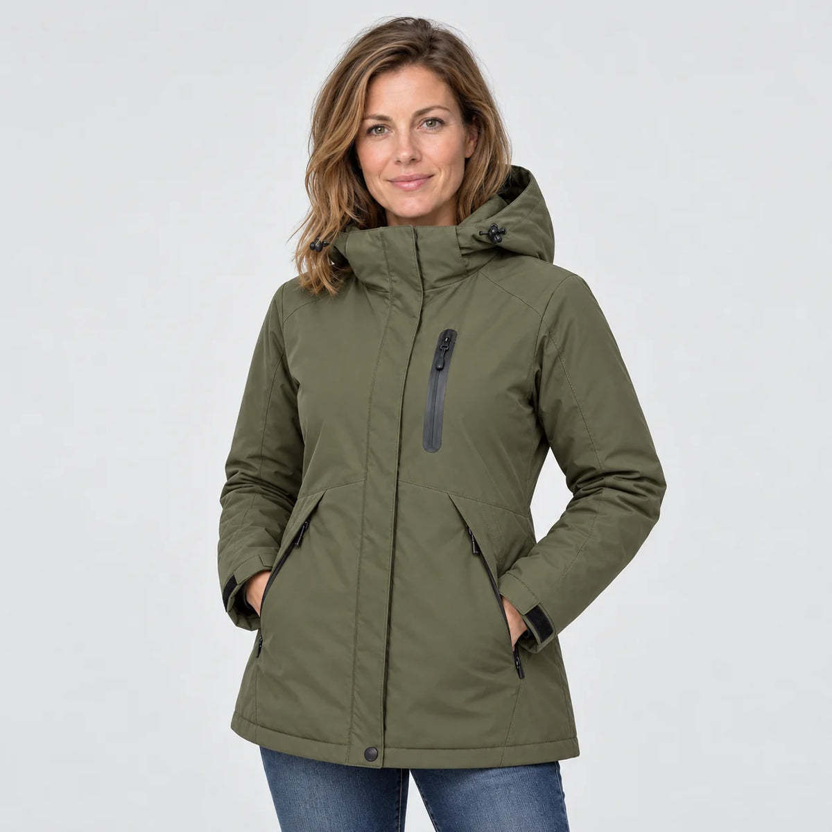 Uppvärmd parkas dam PyreFit Traverso i khaki, framifrån