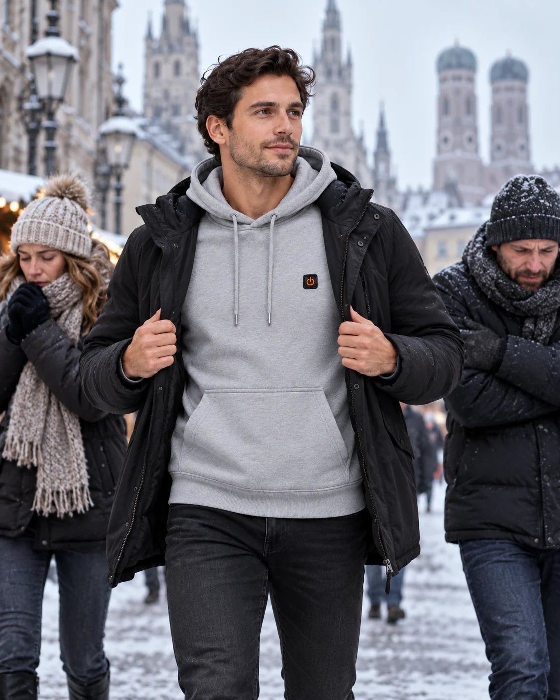 Uppvärmd hoodie PyreFit Velocor en vinterdag: under jackan