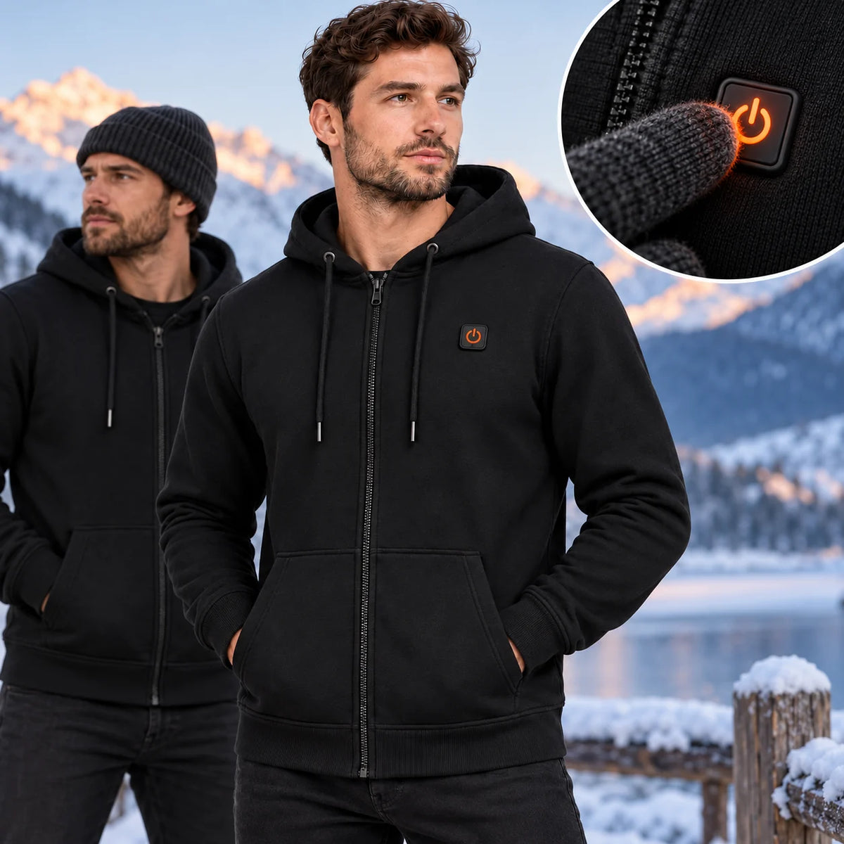 Uppvärmd hoodie herr med dragkedja PyreFit Voltor, kontrollknappen i närbild