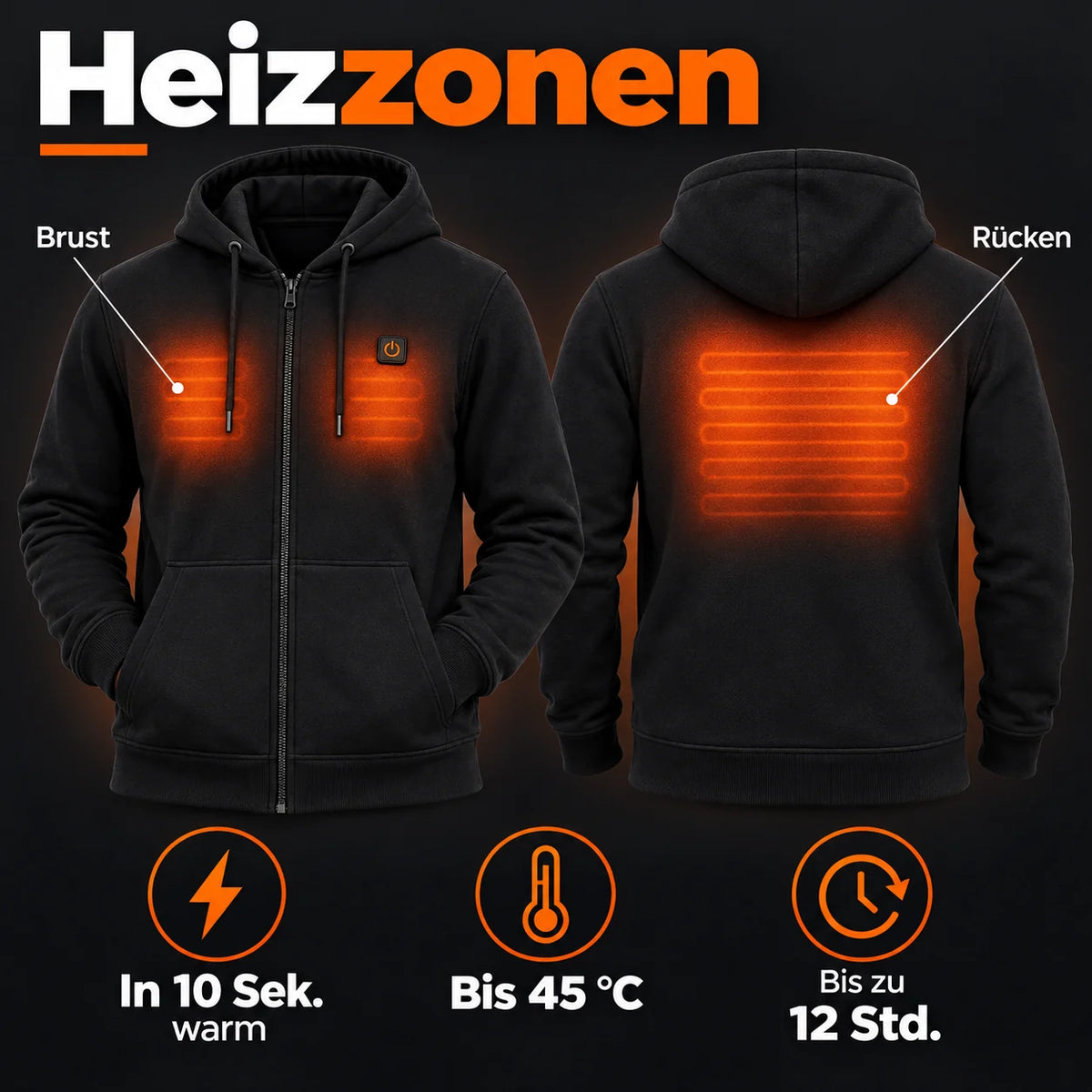 Uppvärmd hoodie herr med dragkedja PyreFit Voltor: värmezoner på bröst och rygg