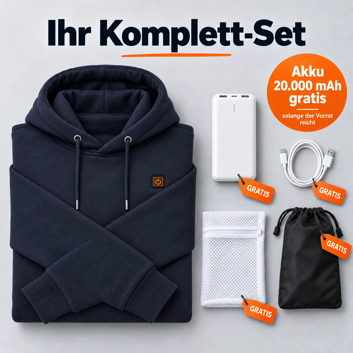 Komplett set: Zippa, powerbank 20 000 mAh, laddkabel, tvättpåse och väska