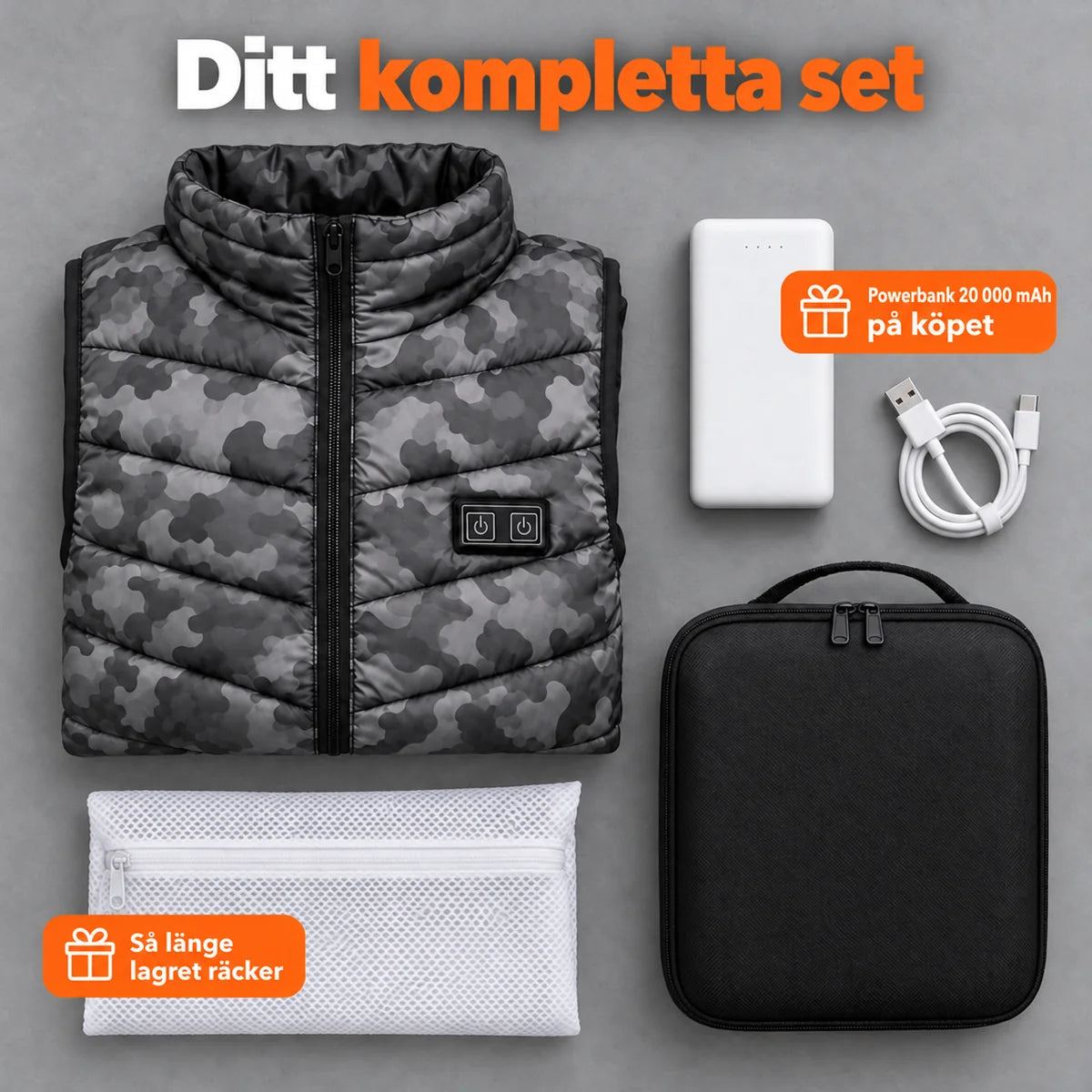 Komplett set: Piloto, powerbank 20 000 mAh, laddkabel, tvättpåse och väska
