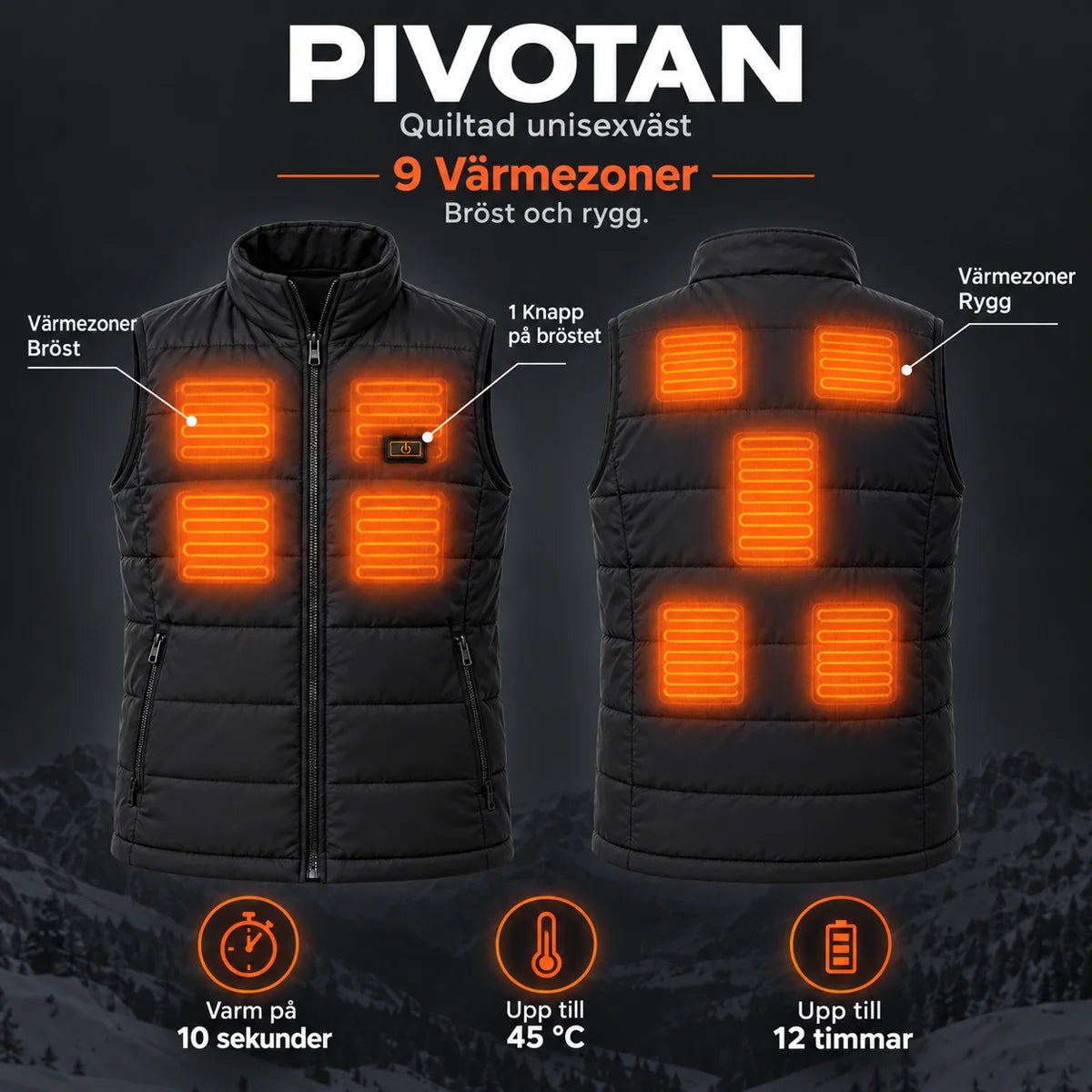 Quiltad värmeväst unisex PyreFit Pivotan: 9 värmezoner på bröst och rygg
