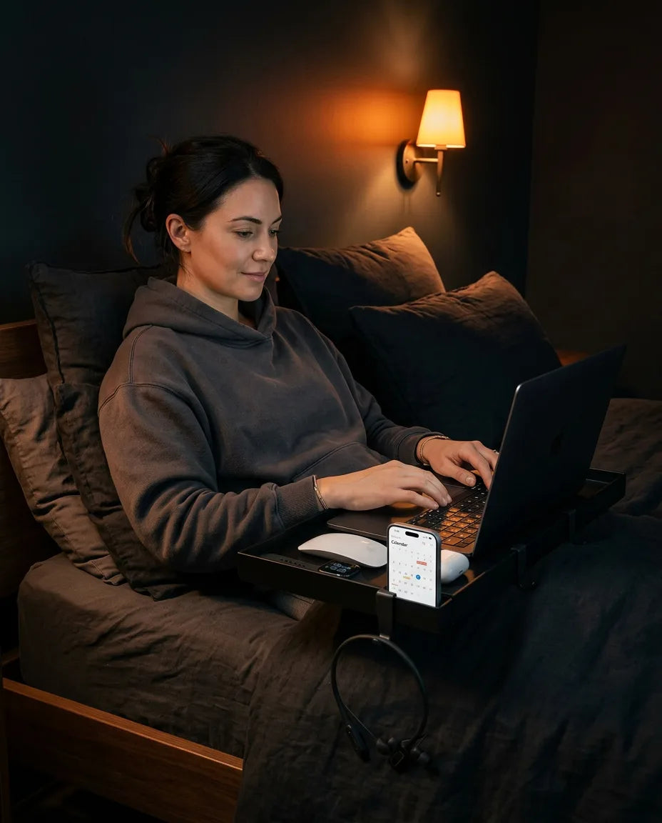 Sängbricka att klämma fast – platsbesparande hylla för laptop, mobil och dryck – produktbild 3