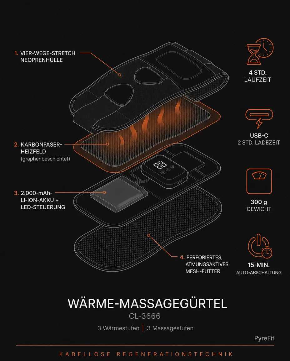 Sladdlöst värmebälte med massage – genomskärning av bältet