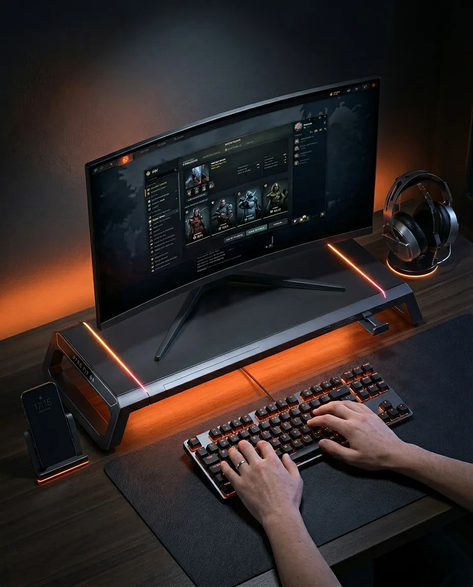 Skärmställ med låda och RGB-belysning – för skärmen i ögonhöjd – produktbild 3