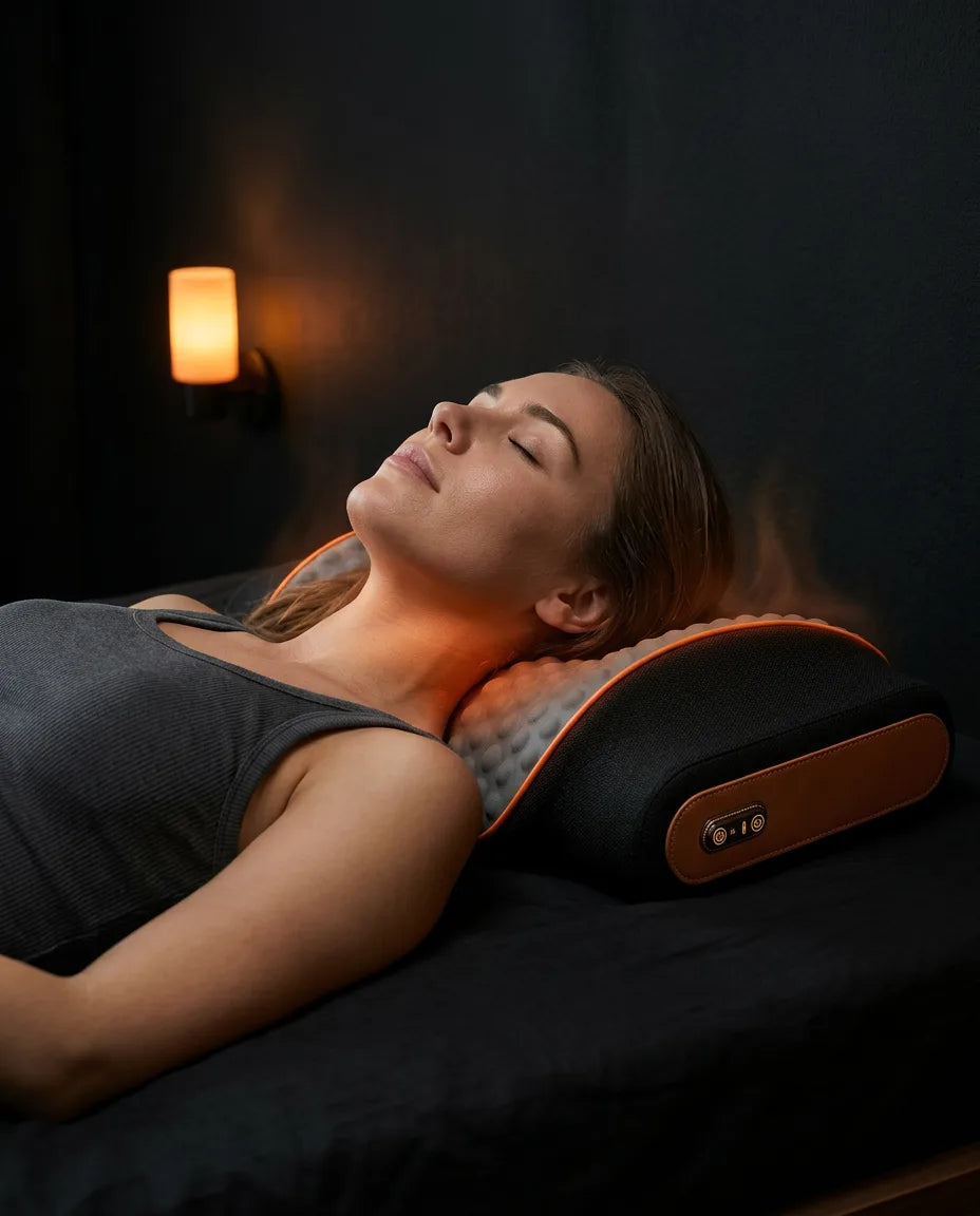 Nackkudde i memoryskum med massage – kvinna med kudden under nacken