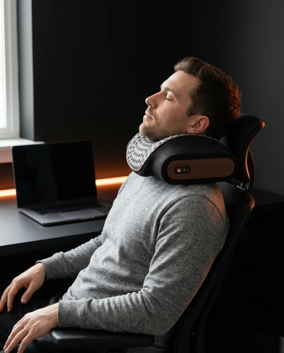 Nackkudde i memoryskum med massage – man med kudden i fåtöljen