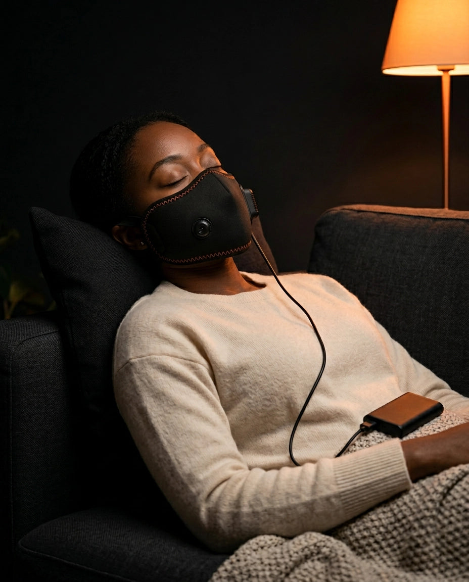Ansiktsmask – värme eller massage – kvinna med mask i fåtöljen