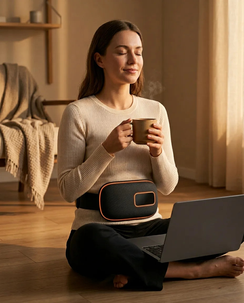 Massagebälte med värme och vibration – kvinna med bältet i soffan