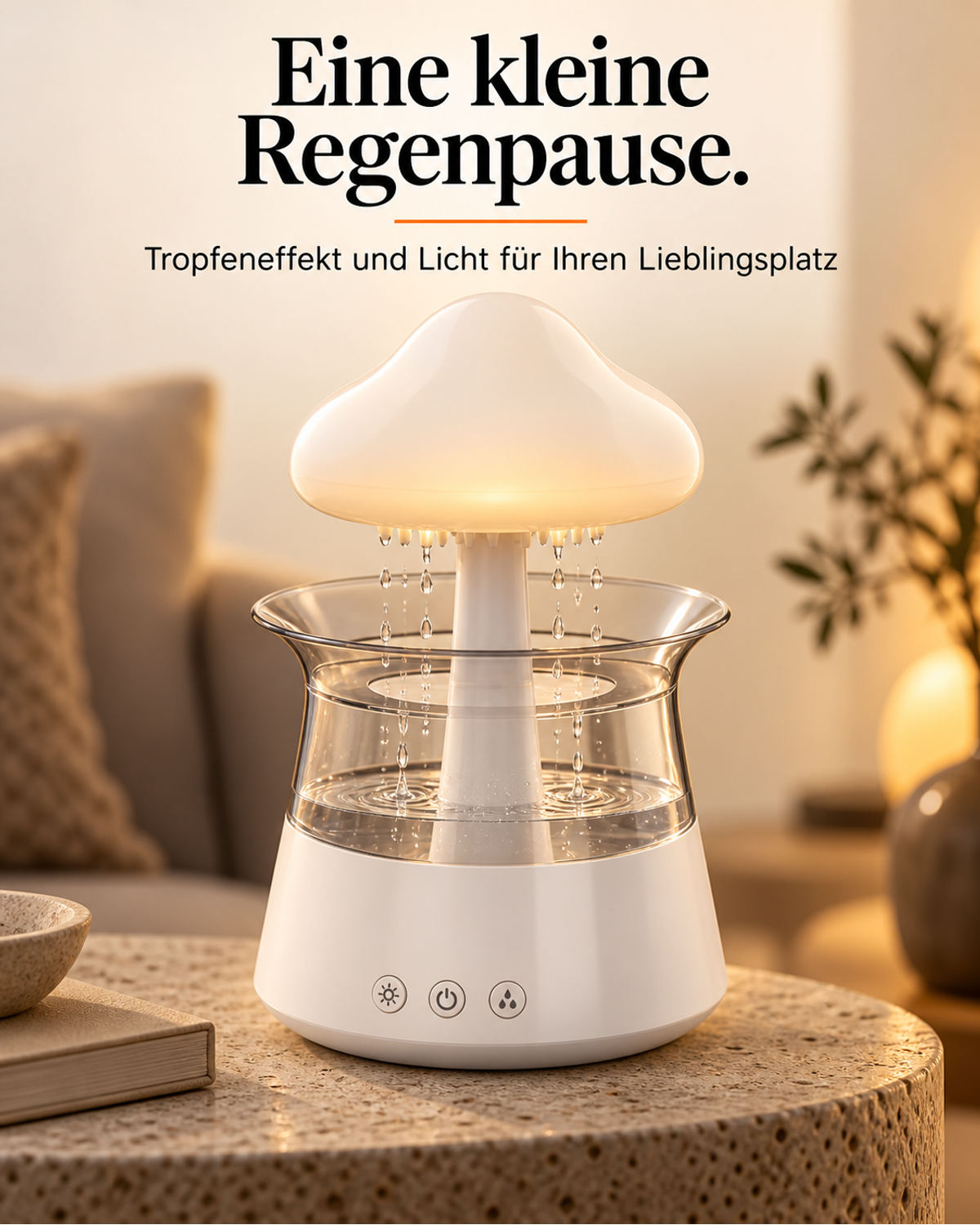 Molnformad apparat med droppeffekt och ljus på ett sidobord