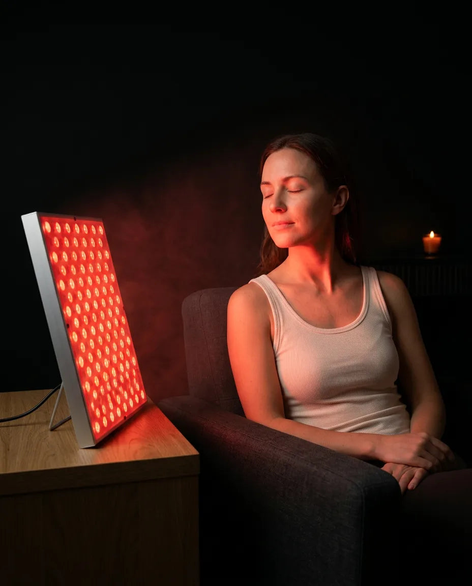 LED-panel med rött ljus – kvinna sittande framför panelen