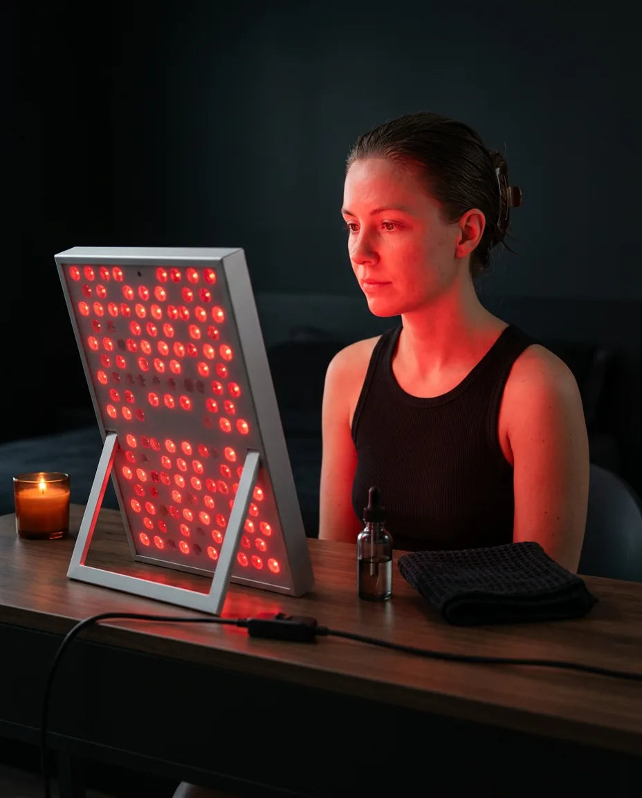 LED-panel med rött ljus – man framför panelen vid bordet