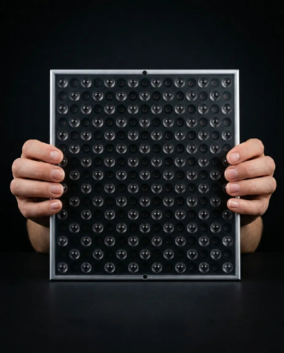 LED-panel med rött ljus – panelen framifrån i två händer