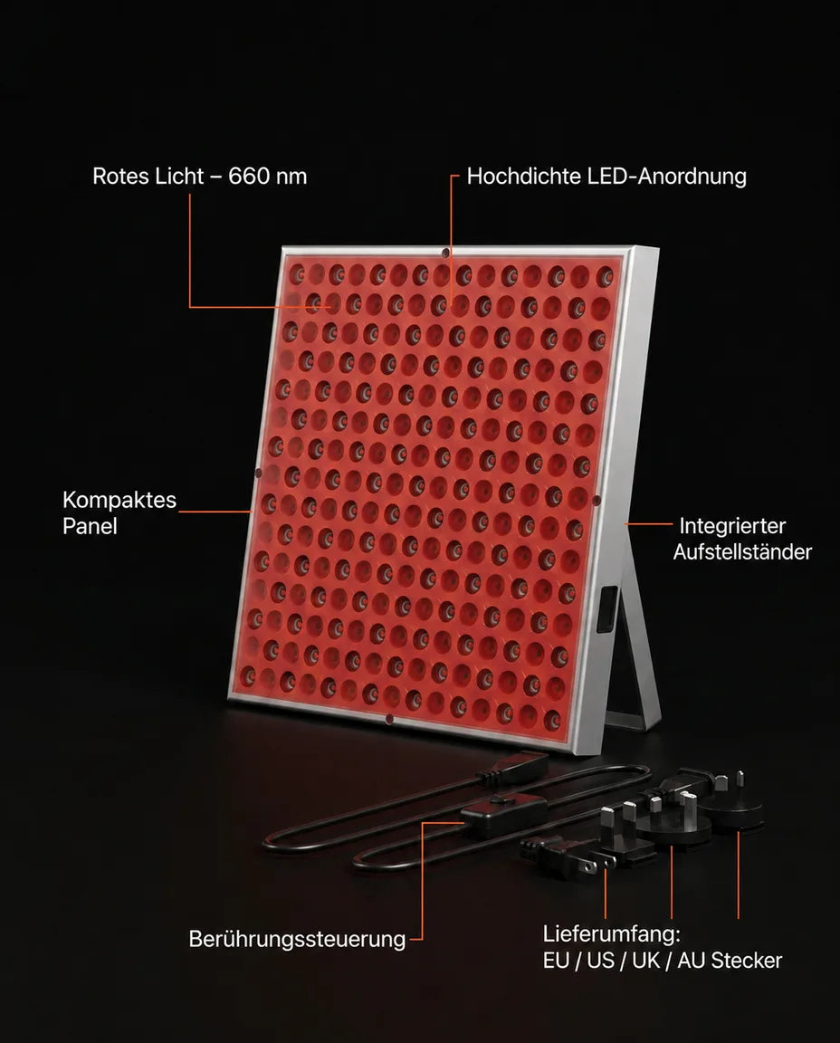 LED-panel med rött ljus – infografik om panelens uppbyggnad