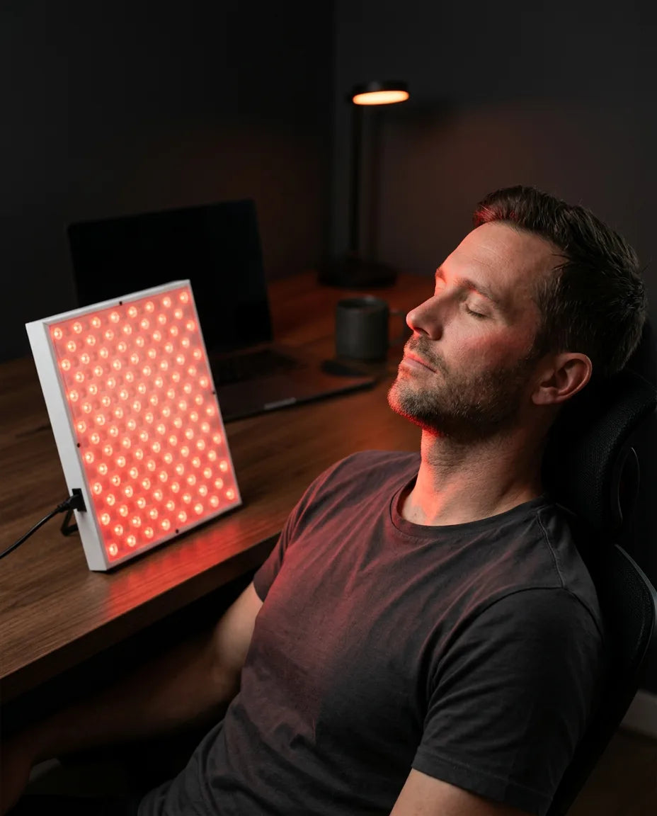 LED-panel med rött ljus – man framför den lysande panelen