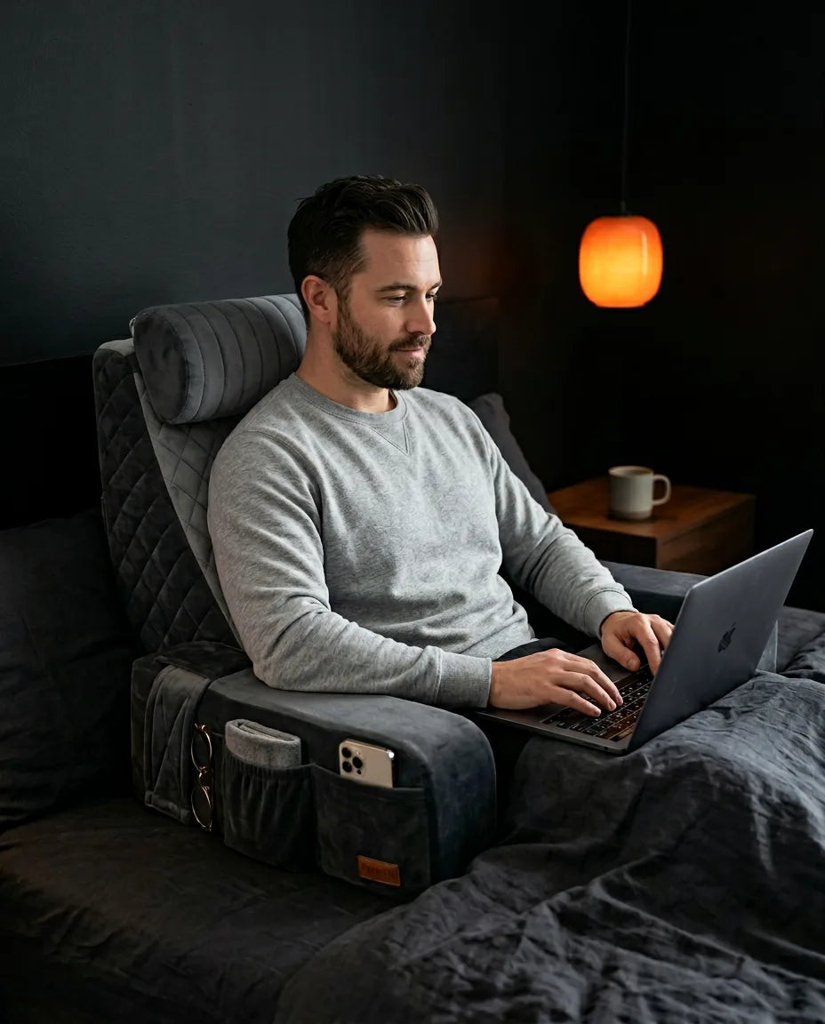 Läskudde för sängen med memoryskum – upprätt stöd med armstöd och sidofickor – produktbild 3