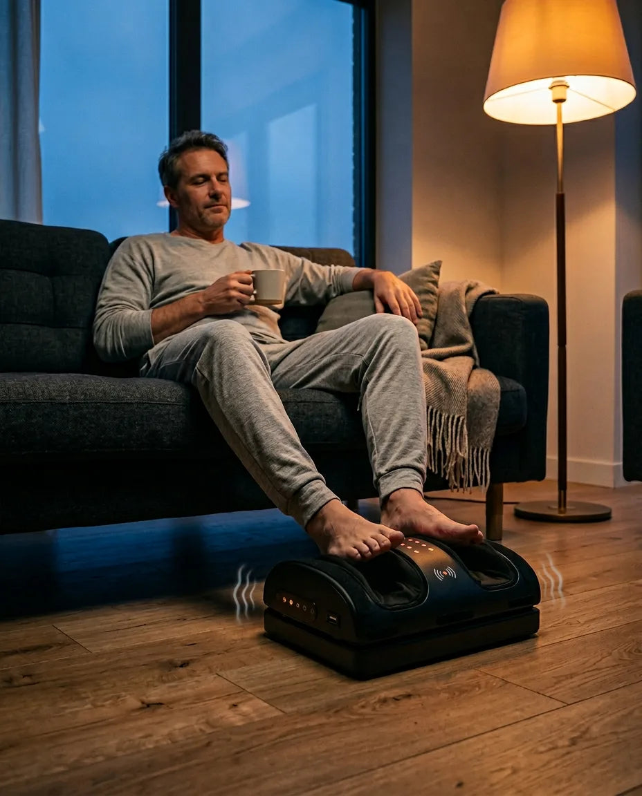 Man med fotvärmaren i memoryskum från PyreFit framför soffan