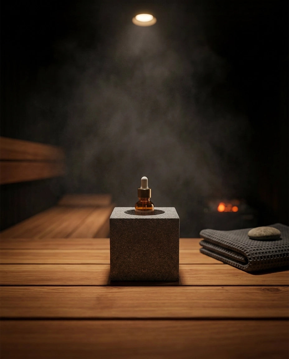 Förvaring för eteriska oljor i granit – skulptural hållare för bastu och spa – produktbild 2