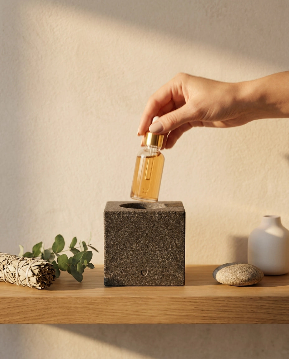 Förvaring för eteriska oljor i granit – skulptural hållare för bastu och spa – produktbild 3