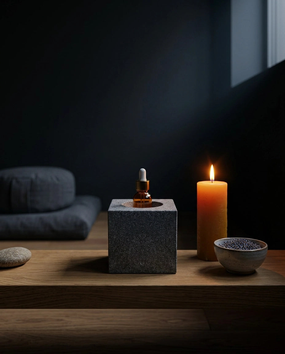 Förvaring för eteriska oljor i granit – skulptural hållare för bastu och spa – produktbild 9