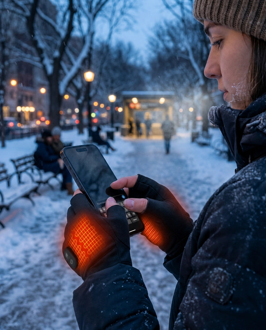 Kvinna med uppvärmda fingerlösa handskar på en julmarknad
