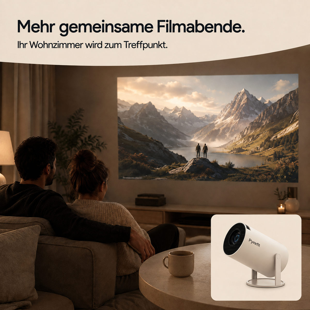PyreFit miniprojektor – fler filmkvällar tillsammans. Vardagsrummet blir samlingsplatsen.