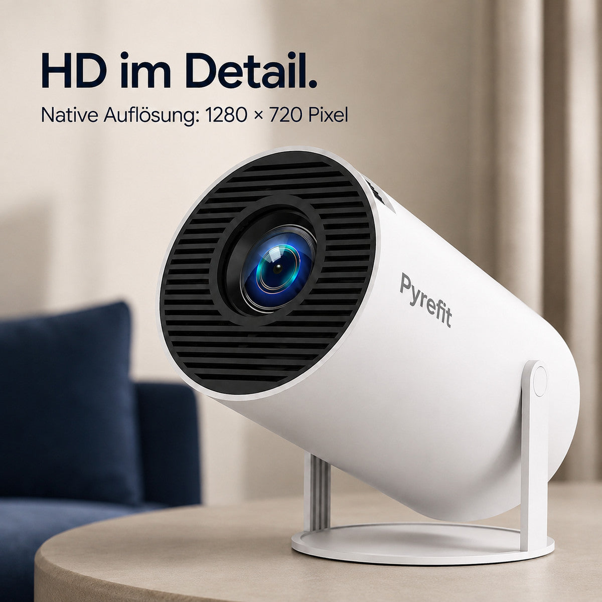 PyreFit miniprojektor – HD i detalj. Nativ upplösning: 1280 × 720 pixlar