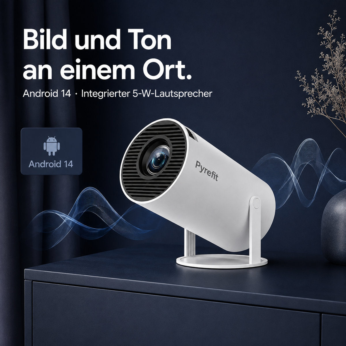 PyreFit miniprojektor – bild och ljud på ett ställe. Android 14 · inbyggd 5 W-högtalare