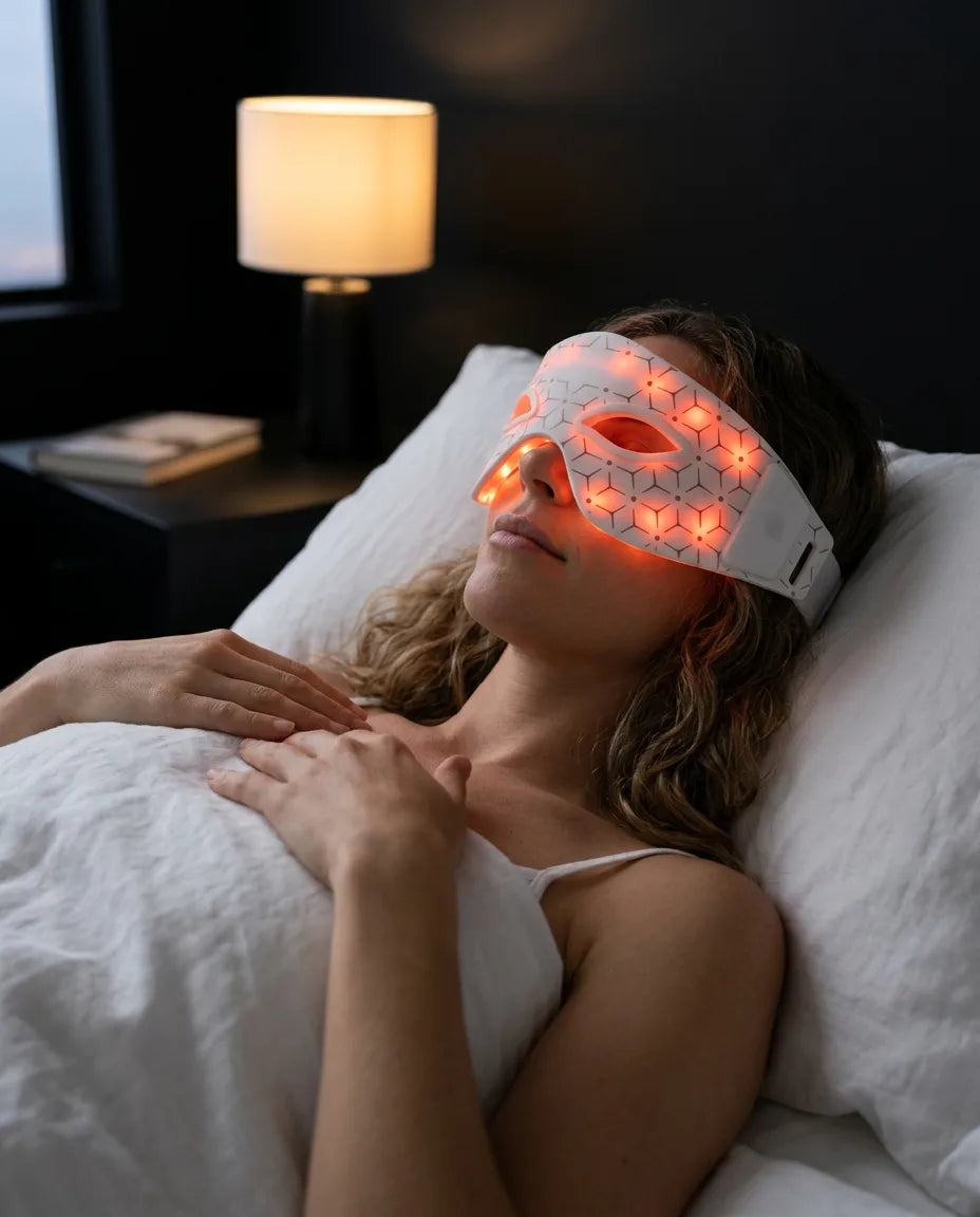 LED-ögonmask med rött ljus – kvinna med mask i soffan