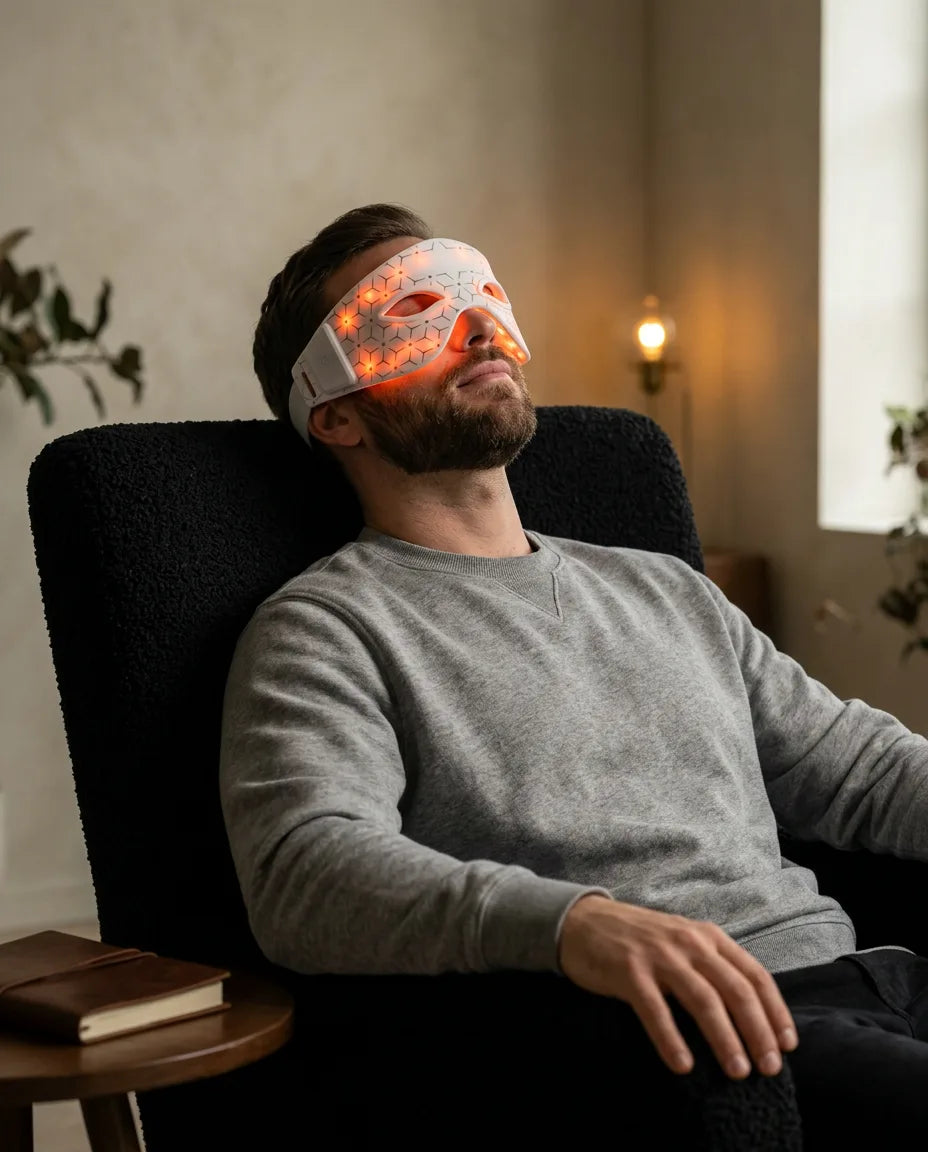 LED-ögonmask med rött ljus – man med mask i fåtöljen