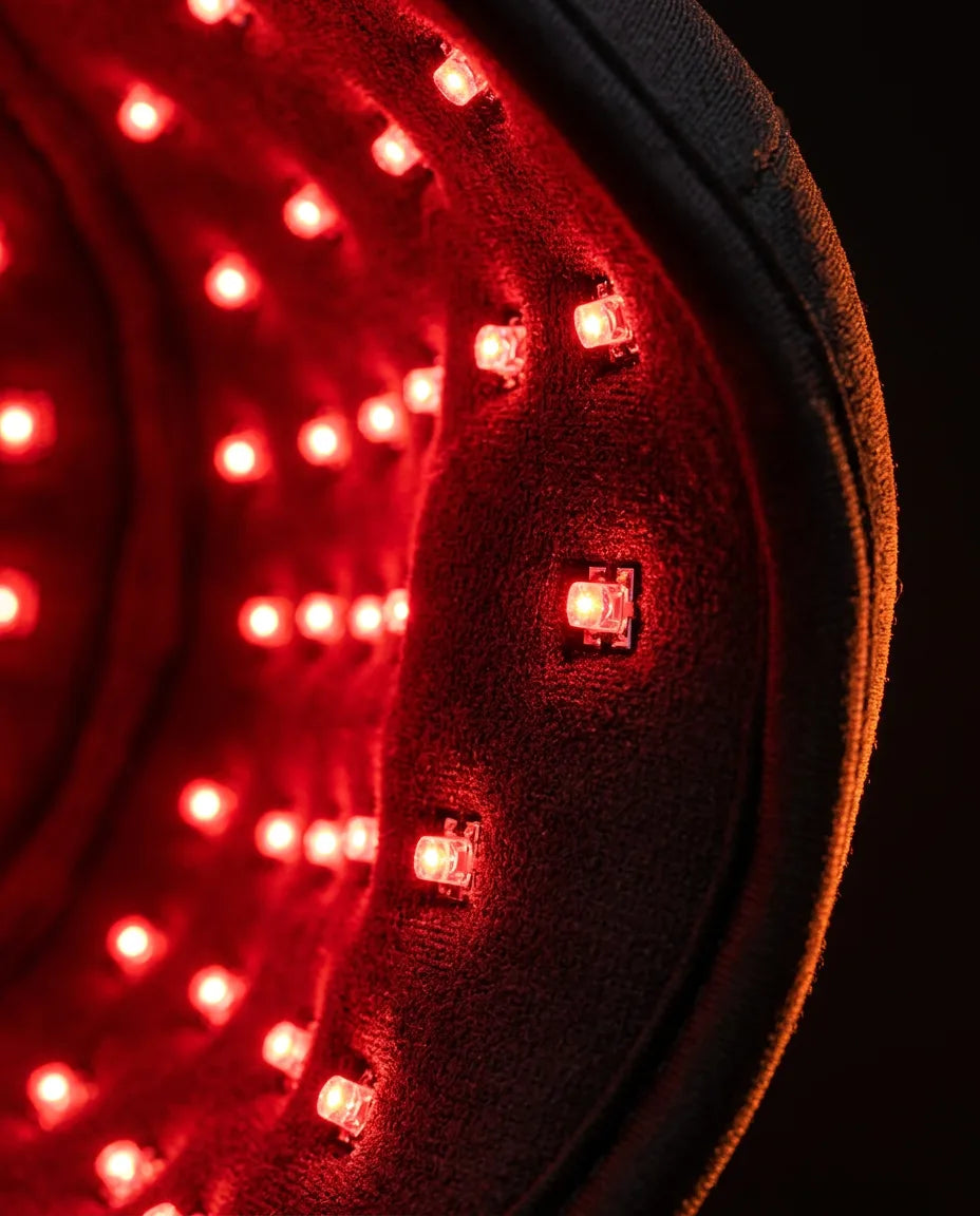 LED-huva med rött ljus för hårbotten – närbild av de röda LED-lamporna