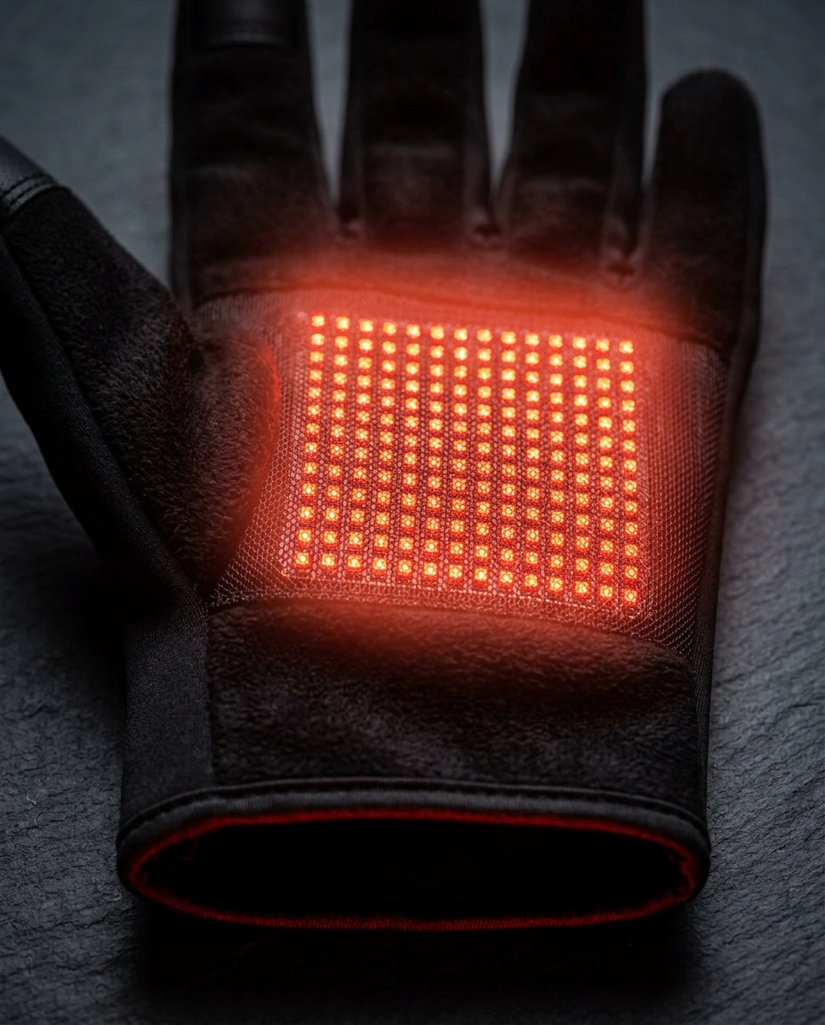 Värmehandskar med rött ljus – närbild av de röda LED-lamporna på insidan