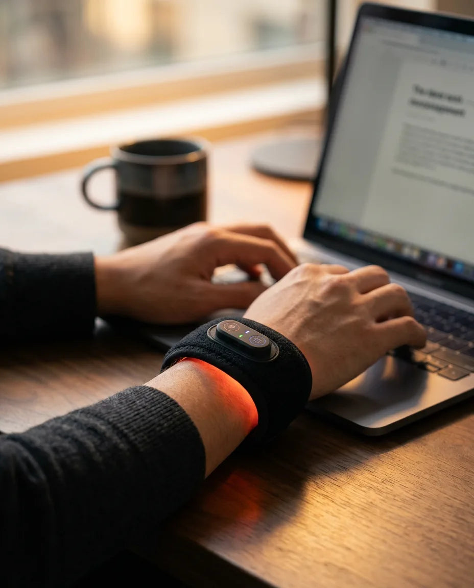 LED-band med rött ljus för handleden – bandet på under arbete vid laptopen