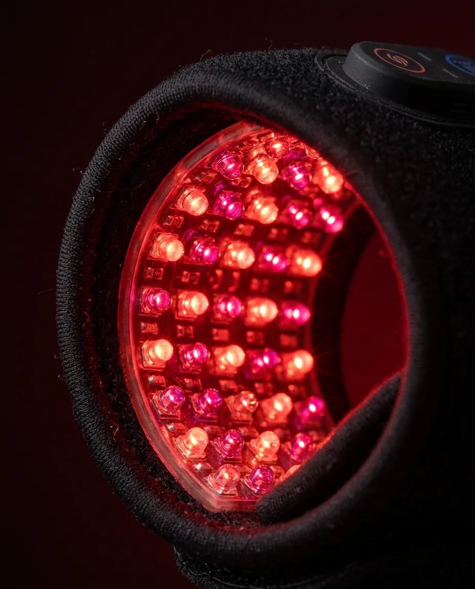 LED-band med rött ljus för handleden – närbild av de röda LED-lamporna