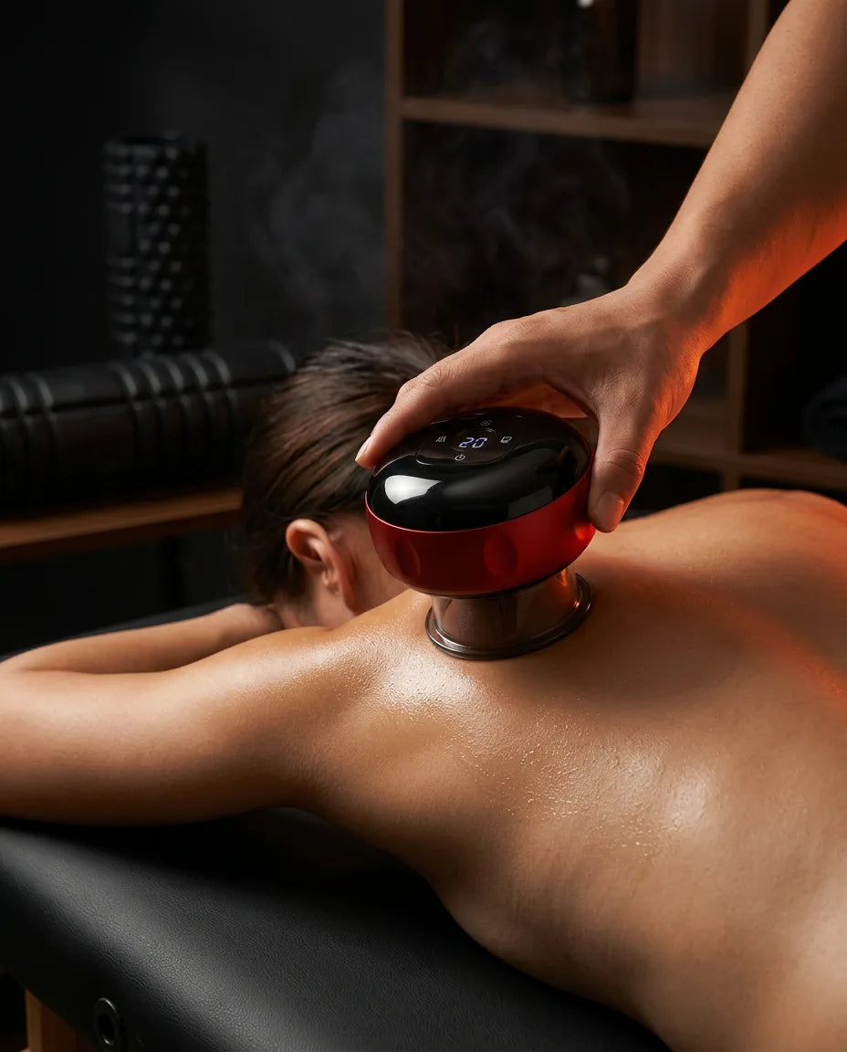 Koppningsapparat med rött ljus och sugmassage – apparaten vid en visad ryggmassage