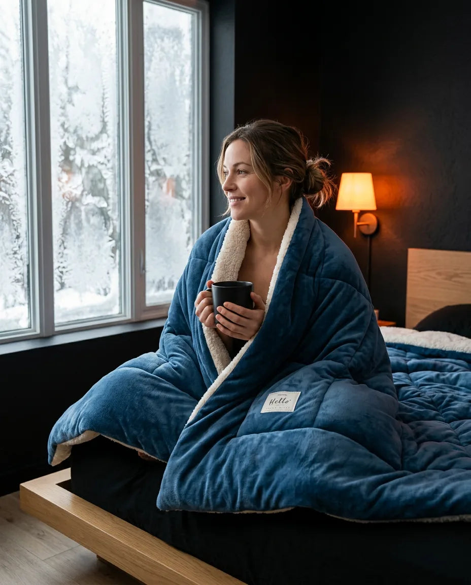 Vändbar mysfilt i fleece – kvinna under den blå filten i soffan
