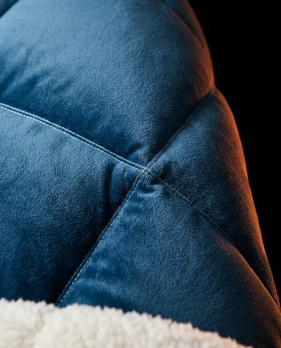 Vändbar mysfilt i fleece – närbild av det blå yttertyget