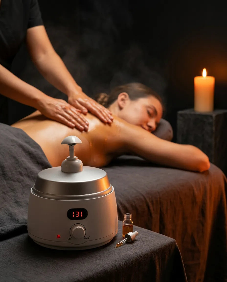 Massageoljevärmare med display – dispenser vid en visad massage