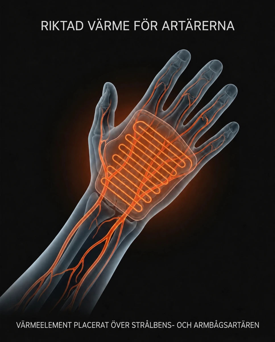 Uppvärmda fingerlösa handskar, schematisk bild av den uppvärmda handytan